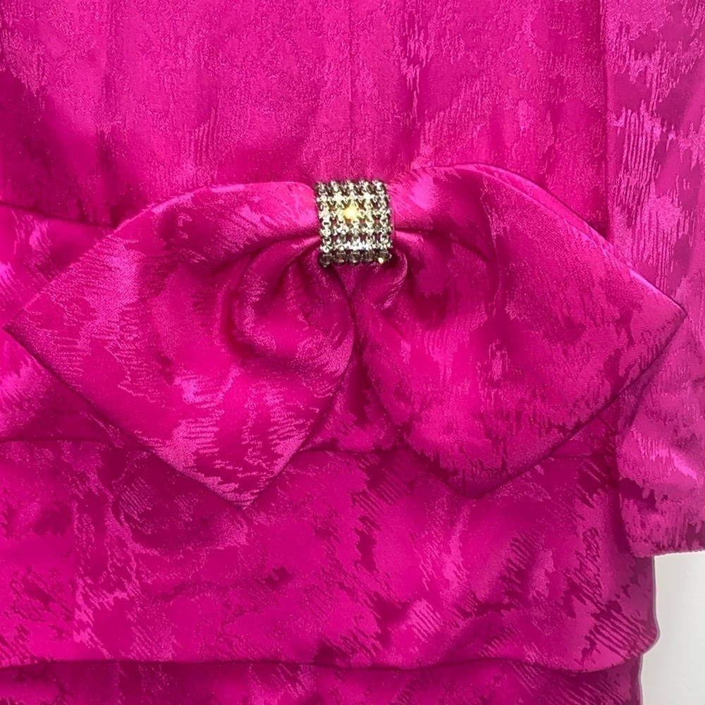 Vintage A.J. Bari 100% Silk Lined Fuchsia Pink Bow Tie Ruffle Dress Size 8 - Picture 6 of 15